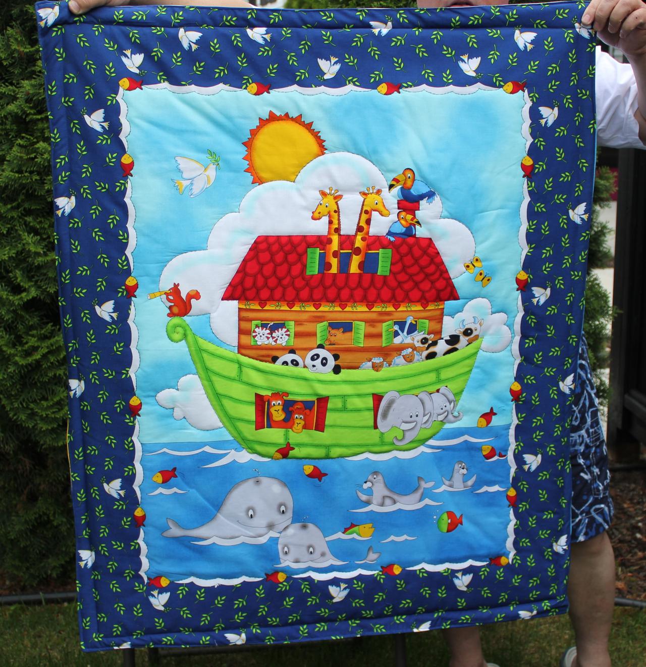 Ready To Be Shipped/ Handmade Hand Quilted Baby Blanket The Noah's Ark / Fish, Butterfly, Pandas, Elephants And Giraffes