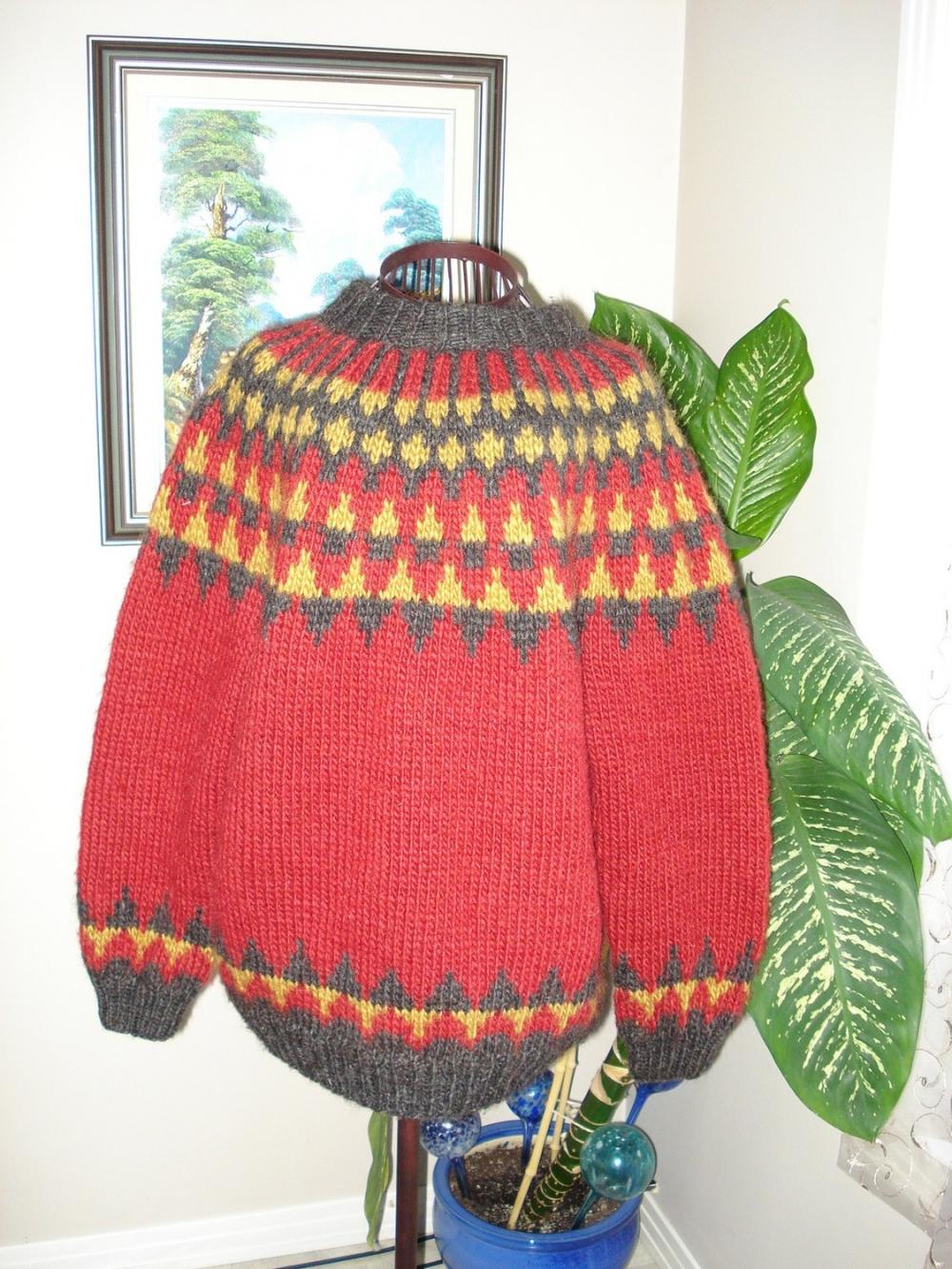 Ready To Ship/autumn Leaves Colorful Lopi Sweater- Handmade- Knitted- Wool /size Large