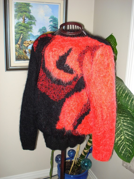 Ready To Be Shipped/ Black And Red Days Sweater- Handmade- Knitted- Wool /size Large